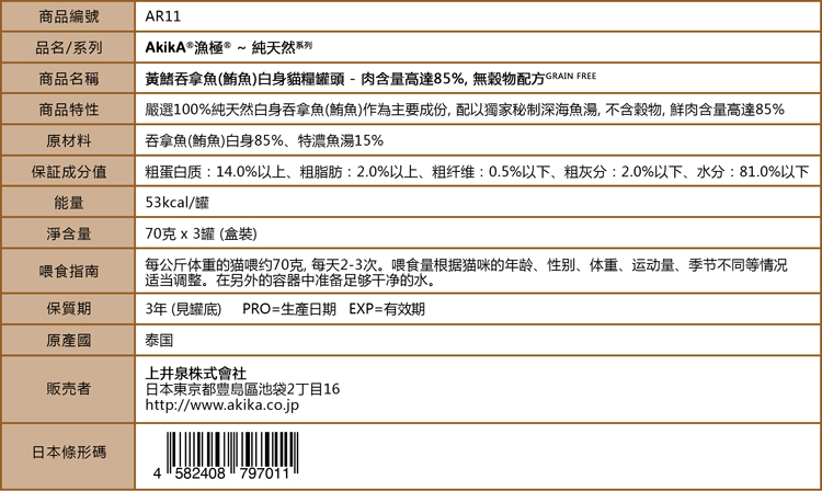 AkikA®®y¤ѵMztC - 100%ը_](C)³Y, AקtqF85% (]ը85%+S@15%), L\tGRAIN FREE, Y100%¤ѵMը]@Dn, tHWa`, t\, vW̰קtq¤ѵM³Y, 70gx3ˡC